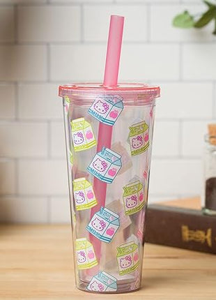 Silver Buffalo Sanrio Hello Kitty Milk Carton Pattern Plastic Boba Tumbler w Lid and Wide Straw, 24 Ounces