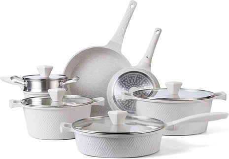Country Kitchen Non-Stick Cast Aluminum Cookware Set - Durable Kitchen Cookware for Everyday Cooking, Cream Rhombus, 11 Pc.
