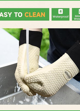 GEEKHOM BBQ Gloves Heat Resistant Oven Mitts - Silicone Grilling Gloves with 13.7" Arm Protection - Waterproof Pot Holder Non-Slip for Men & Women, Kitchen Outdoor Cooking, Baking, Camping, Mint Beige