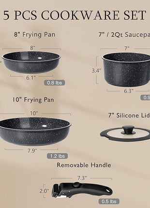 GiPP Ceramic Pots and Pans Set Non Stick, Nonstick Detachable Handle Cookware Sets, Non Toxic Induction Kitchen Pot and Pan with Removable Handle, Healthy RV Cookware, Dishwasher ＆Oven Safe, 5 Piece