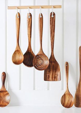 FJNATINH 7-Piece Nonstick Wooden Cooking Utensils Set, Natural and Healthy Kitchen Utensils（7 Pcs）