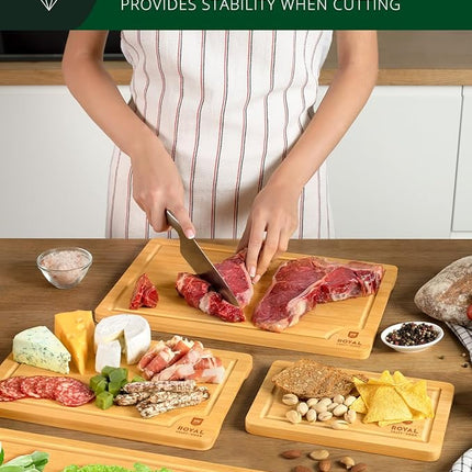 ROYAL CRAFT WOOD Wooden Cutting Boards for Kitchen Meal Prep & Serving - Bamboo Wood Serving Board Set with Deep Juice Groove Side Handles - Charcuterie & Chopping Butcher Block for Meat