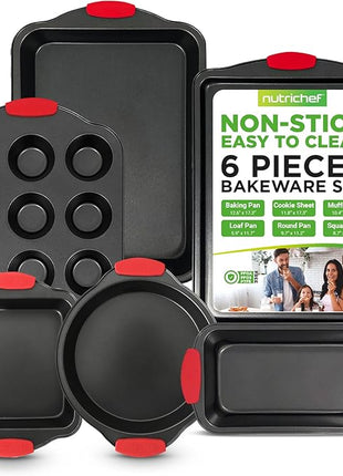 NutriChef Baking Set - 8 Piece Bakeware with Nonstick Carbon Steel for Easy Release and Cleanup, Durable and Versatile Design, Includes Cookie Sheet, Loaf Pan, Muffin Tin & More