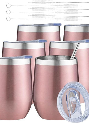 MEZMUT 12 Oz Insulated Wine Tumbler with Lid Double Wall Vacuum Stainless Steel Wine Glass Coffee Mug Insulated Tumbler Cup for Champaign, Cocktail, Beer (Rose Gold, 6 Pack)