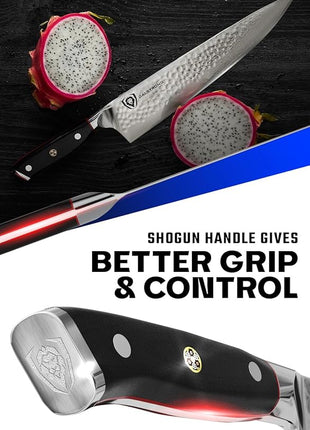 Dalstrong Chef Knife - 10.25 inch Blade - Shogun Series ELITE - Damascus - Japanese AUS-10V Super Steel - G10 Black Handle - Razor Sharp Kitchen Knife - Hammered Finish - Chef's Knife - Sheath