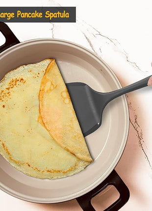 Silicone Pancake Spatula Turner with Lengthened Handle& Seamless Design, Heat Resistant Cooking Spatulas for Nonstick Cookware, Large Flexible Kitchen Utensils, Flipper for Egg, Pancake, Burger, Black
