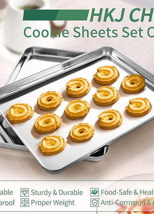 Baking Sheets Set of 2, HKJ Chef Cookie Sheets 2 Pieces & Stainless Steel Baking Pans & Toaster Oven Tray Pans, Rectangle Size 18 x 13 x 1 inch, Non Toxic & Healthy & Easy to Clean