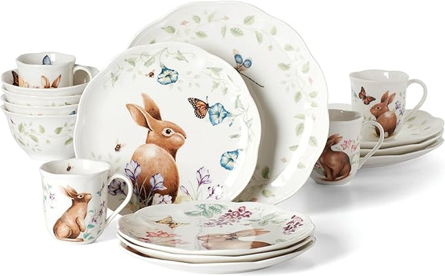 Lenox Dinnerware Set, Butterfly Meadow Bunny 16-Piece Set, Service For 4, Dishwasher Safe, Microwave Safe, Made Of Porcelain, Bowls And Mugs, Plates And Bowls, Easter Dish (Assorted, 16 Pieces)