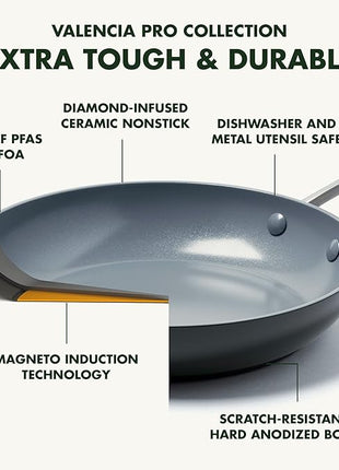 GreenPan Valencia Pro Hard Anodized Healthy Ceramic Nonstick 10" Frying Pan Skillet with Lid, PFAS-Free Cookware, Stainless Steel Handle, Induction Suitable, Dishwasher Safe, Oven Safe, Gray