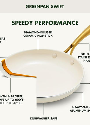 GreenPan Swift 12" Ceramic Nonstick Frying Pan Skillet with Lid, PFAS & PFOA-Free Healthy Cooking, Gold Stainless Steel Handle, Versatile Cooking Essentials, Dishwasher & Oven Safe, Cream