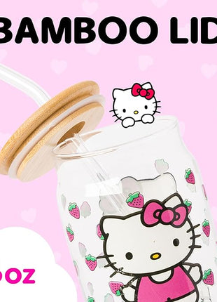 Silver Buffalo Sanrio Hello Kitty Strawberry Glass Jar Tumbler with Bamboo Lid and Glass Straw, 16 Ounces