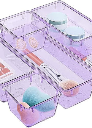 WOWBOX 6 Pack Clear Drawer Organizer Set, Acrylic Drawer Storage Trays, Storage Bins for Makeup, Cosmetics, Jewelries, Utensils, Gadgets, Office, Purple