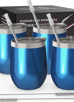 CHILLOUT LIFE 12 oz Stainless Steel Wine Tumblers 4 Pack - Double Wall Vacuum Insulated Wine Glasses Cups with Lids and Straws Set Keeping Cold & Hot for Coffee, Beer, Ice Cream - Blue Sparkle