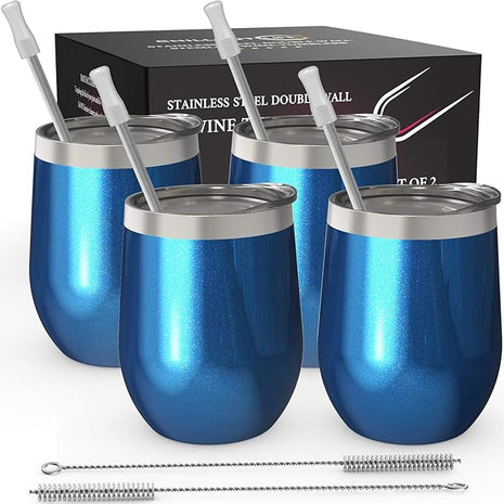 CHILLOUT LIFE 12 oz Stainless Steel Wine Tumblers 4 Pack - Double Wall Vacuum Insulated Wine Glasses Cups with Lids and Straws Set Keeping Cold & Hot for Coffee, Beer, Ice Cream - Blue Sparkle