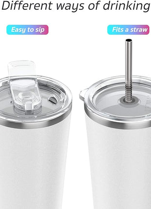 THILY Vacuum Insulated Tumbler Stainless Steel 26 oz Coffee Cup with 2 Lids and Straws, Powder Coated Travel Mug, Keeps Ice Drinks Cold, White