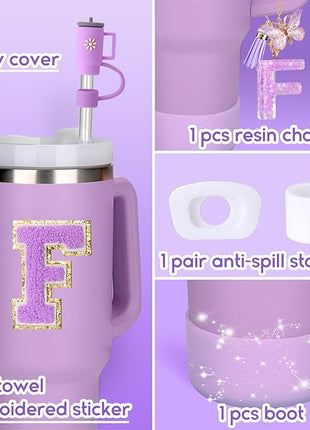 Mity rain 6PCS Cup Accessories Set for Stanley Cup 30oz 40oz tumbler with handle, Including Silicone Straw Topper Cover Cap and Boot, Spill Proof Stopper, Handle Charm, Initials Sticker (Letter F)