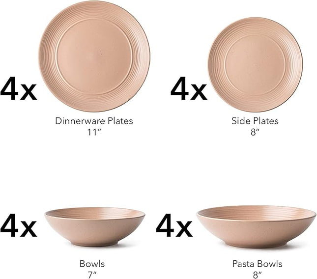 RINGAR Round Stoneware 16pc Double Bowl Dinnerware Set for 4, Dinner Plates, Side Plates, Cereal Bowls, Pasta Bowls - Speckle Matte Coral (407490)