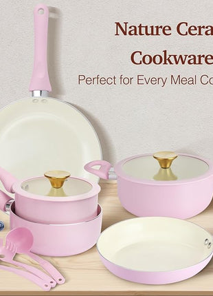 Pots and Pans Set Non Stick, Pink Ceramic Cookware Set, 11-Piece Induction Cookware, Non Toxic Healthy Kitchen Cooking Set, Gold Knobs Lids, Stay-Cool Handles