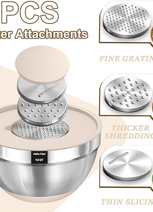 Umite Chef Mixing Bowls with Airtight Lids Set, 8PCS Stainless Steel Khaki Nesting Bowls with Grater Attachments, Kitchen Bowls with Non-Slip Bottoms, Size 5, 4, 3.5, 2, 1.5QT for Mixing & Serving