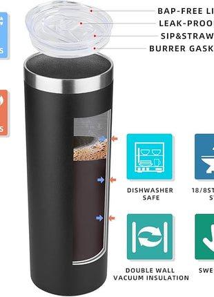 HASLE OUTFITTERS 20 oz Skinny Tumbler, Stainless Steel Insulated Slim Tumbler with Lid, Reusable Double Wall Travel Coffee Mug, Durable Powder Coated Travel Water Cup(Black, 1)