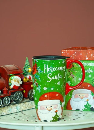 Topadorn Christmas Ceramic Mug Coffee Cup with Sealed Lid and Gift Box Latte Mug, 17oz. Here Comes Santa Claus