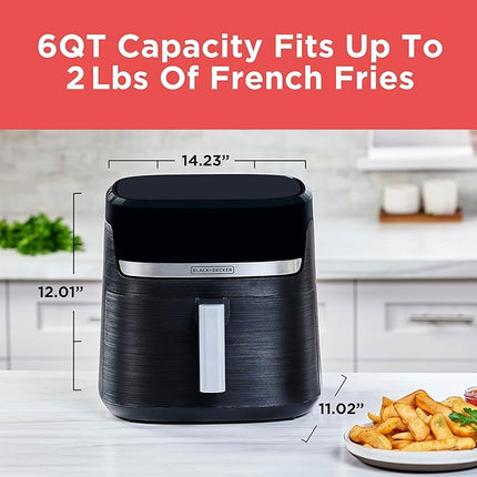BLACK+DECKER Purifry 6QT Air Fryer, Timer with Auto Shut-off and Shake Reminder, Digital LED Touchscreen and 9 Presets, 1500w up to 400 F, Dishwasher Safe Parts