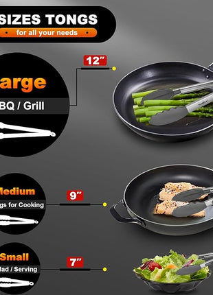 Walfos 600 Degree Heat Resistant Silicone Tongs for Cooking - Kitchen Tongs With Silicone Tips set of 3 size Food Looking Tongs (7" 9" and 12 inch Dark Grey)