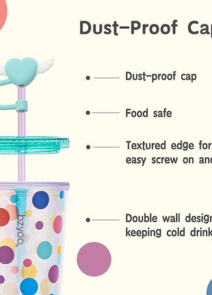 bzyoo 24 oz SIP Tumbler with Heart-Shaped w/Wing Straw Cap Cover– Cute DotDot Design Iridescent Tumbler, BPA-Free Cup with Lid and Straw, Perfect for Iced Coffee, Tea, Party and Gift
