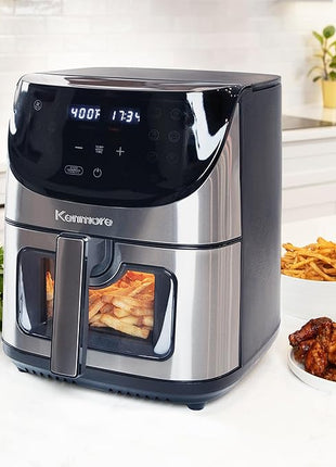 Kenmore 8 Quart Air Fryer - Aerogrill, Non-Stick Frying Basket, French Fry, Digital Touch Screen, 12 Presets, Freidora Eléctrica, Countertop Cooking Kitchen Appliance, Stainless Steel, Black