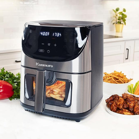 Kenmore 8 Quart Air Fryer - Aerogrill, Non-Stick Frying Basket, French Fry, Digital Touch Screen, 12 Presets, Freidora Eléctrica, Countertop Cooking Kitchen Appliance, Stainless Steel, Black