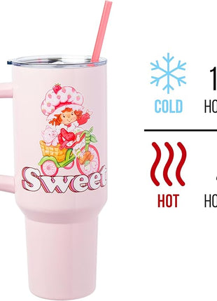 Silver Buffalo Strawberry Shortcake and Custard “Sweet” Stainless Steel Tumbler with Handle, Fits in Standard Cup Holder, 40 Ounces