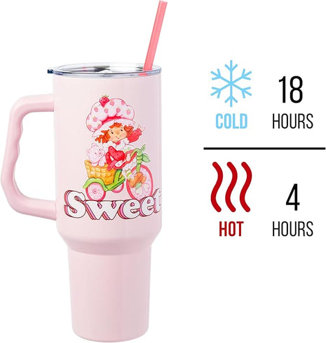 Silver Buffalo Strawberry Shortcake and Custard “Sweet” Stainless Steel Tumbler with Handle, Fits in Standard Cup Holder, 40 Ounces