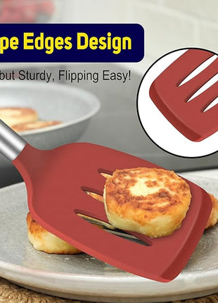HOTEC Silicone Spatula Set of 2 Heat-Resistant 600°F & BPA-Free Kitchen SaptulaTurner with Stainless Steel Handles, Slotted & Solid Spatulas for Nonstick Cookware, 13.7 Inch, Red