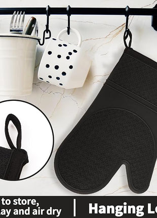 Hovico Silicone Oven Mitts, Heat Resistant 500F Kitchen Mitts 2PCS, 11.6" BPA-Free Soft Baking Gloves, Non-Slip Grip Oven Gloves with Soft Cotton Lining for Kitchen Cooking Baking BBQ - Black