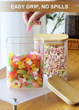 Liuruiyu Glass Storage Jars 12 * 8cm [Set of 6],Clear Glass Food Storage Containers with Airtight Bamboo Lid Stackable Kitchen Canisters for Candy,Cookie,Rice,Sugar,Flour,Pasta(Square)