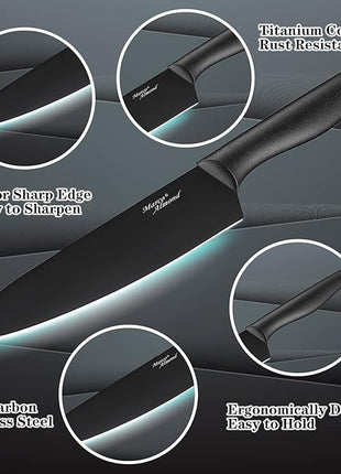 Kitchen Knife Set, KYA38 12-Piece Kitchen Knives Set with Covers, Marco Almond® 6 Knives with 6 Blade Guards, Stainless Steel Cooking Knives Set for Kitchen, Black