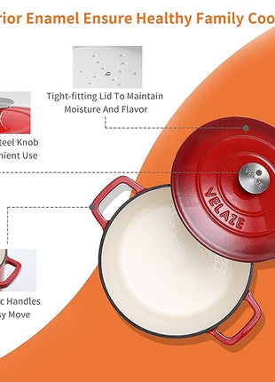 Velaze 6 QT Enameled Cast Iron Dutch Oven, Dual Handles Pot with Lid, Heavy-Duty Non-stick Round Oven for Bread Baking, Stewing, Roasting, Good Sealing for All Heat Source (Red)