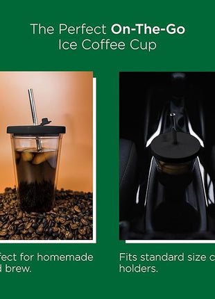 Reusable Iced Coffee Cup (24 Oz/Venti), Leak Proof and Double Wall Insulated Iced Coffee Tumbler, Come with Reusable Plastic and Metal Straws and Straw Cleaner - Black