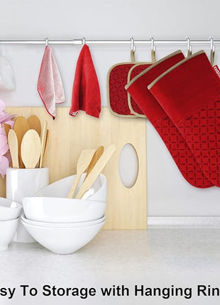 KEGOUU Oven Mitts and Pot Holders 6pcs Set, Kitchen Oven Glove High Heat Resistant 500 Degree Extra Long Oven Mitts and Potholder with Non-Slip Silicone Surface for Cooking (Red)