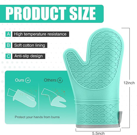 Silicone Oven Mitts, Heat Resistant 2PCS Oven Mitts with Soft Cotton Lining, Waterproof Non-Slip Grip Oven Glove, Kitchen Potholder Mits for BBQ, Baking, Cooking, 12.5 Inch - Green