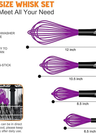 HOTEC 4 Pieces Silicone Whisks for Cooking, Wire Balloon Whisks Egg Beater, Non-slip Handle Whisk for Non-stick Cookware Perfect for Cooking, Stirring, Beating and Blending (Purple)