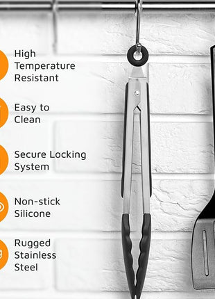 Popco 3-Piece Kitchen Tongs Set – Stainless Steel Heat Resistant Silicone Tips, Strong Comfort Grip, 3 Sizes (7, 9, 12 Inch), Non-Scratch, Dishwasher Safe, for Cooking, BBQ, Salad