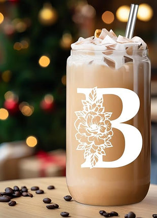Coolife Initial Glass Cup, Monogrammed Gifts for Women, 16 oz Glass Cups w/Lids Straws, Iced Coffee Smoothie Beer Tumbler w/Straw Lid - Personalized Christmas, Birthday Gifts for Her Mom Friend Woman