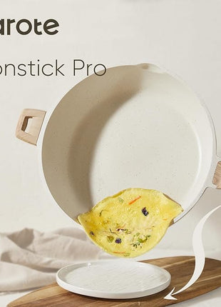 CAROTE 12.5Inch Nonstick Deep Frying Pan with Lid, 6.5 Qt Jumbo Cooker Saute Pan with Pour Spout, Skillet Induction Cookware, Non Stick Cooking Pan Kitchen Pan PFOA Free, White Granite