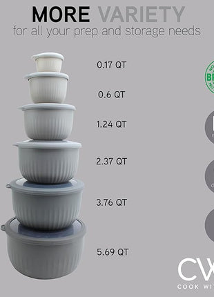 COOK WITH COLOR Prep Bowls with Lids- Wide and Deep Nesting Plastic Small Mixing Bowl Set with Lids, 12 Piece Set - Deep Bowls, Gray