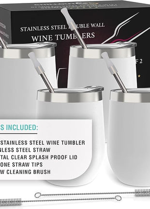 CHILLOUT LIFE 12 oz Stainless Steel Wine Tumblers 4 Pack - Double Wall Vacuum Insulated Wine Glasses Cups with Lids and Straws Set Keeping Cold & Hot for Coffee, Beer, Ice Cream - Powder Coated White
