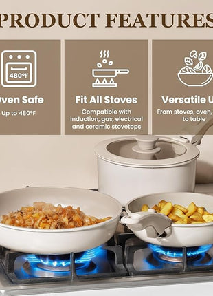 KIKCOIN Ceramic Cookware Set, 20 Pack Nonstick Pots and Pans Set with Detachable Handles, Healthy Frying Pans, Induction Dishwasher Oven Safe Kitchen Set, PFAS PFOA & PTFE Free