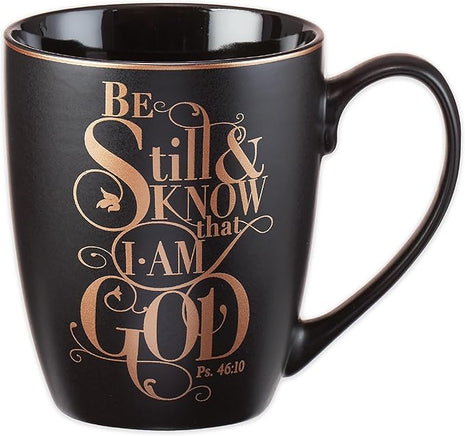 Christian Art Gifts Matte Black Ceramic Coffee Mug – 12 oz. Lead & Cadmium-free Inspirational Scripture Coffee and Tea Mug for Men & Women with Bible Verse: Be Still and Know That I Am God–Psalm 46:10