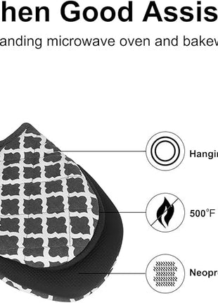 1 Pair Short Oven Mitts, Heat Resistant Silicone Kitchen Mini Oven Mitts for 500 Degrees, Non-Slip Grip Surfaces and Hanging Loop Gloves, Baking Grilling Barbecue Microwave Machine Washable