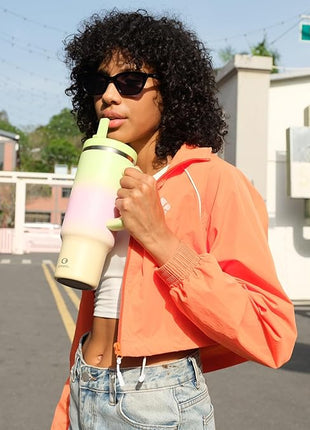 ENCOOL 32 oz Tumbler with Handle and Straw: Stainless Steel Insulated Tumbler Keeps Cold for 24 Hours, Leakproof Travel Cup Fits in Cup Holder and BPA-Free, Morning Dew